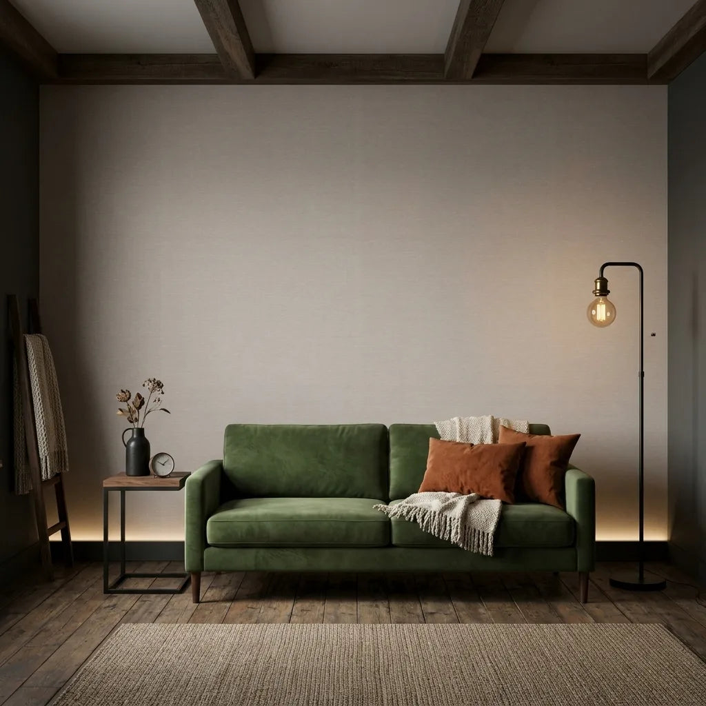 Living Room - Greige 'Hempfield Weave' wallpaper by York Wallcoverings adds subtle texture and warmth to this inviting space.
