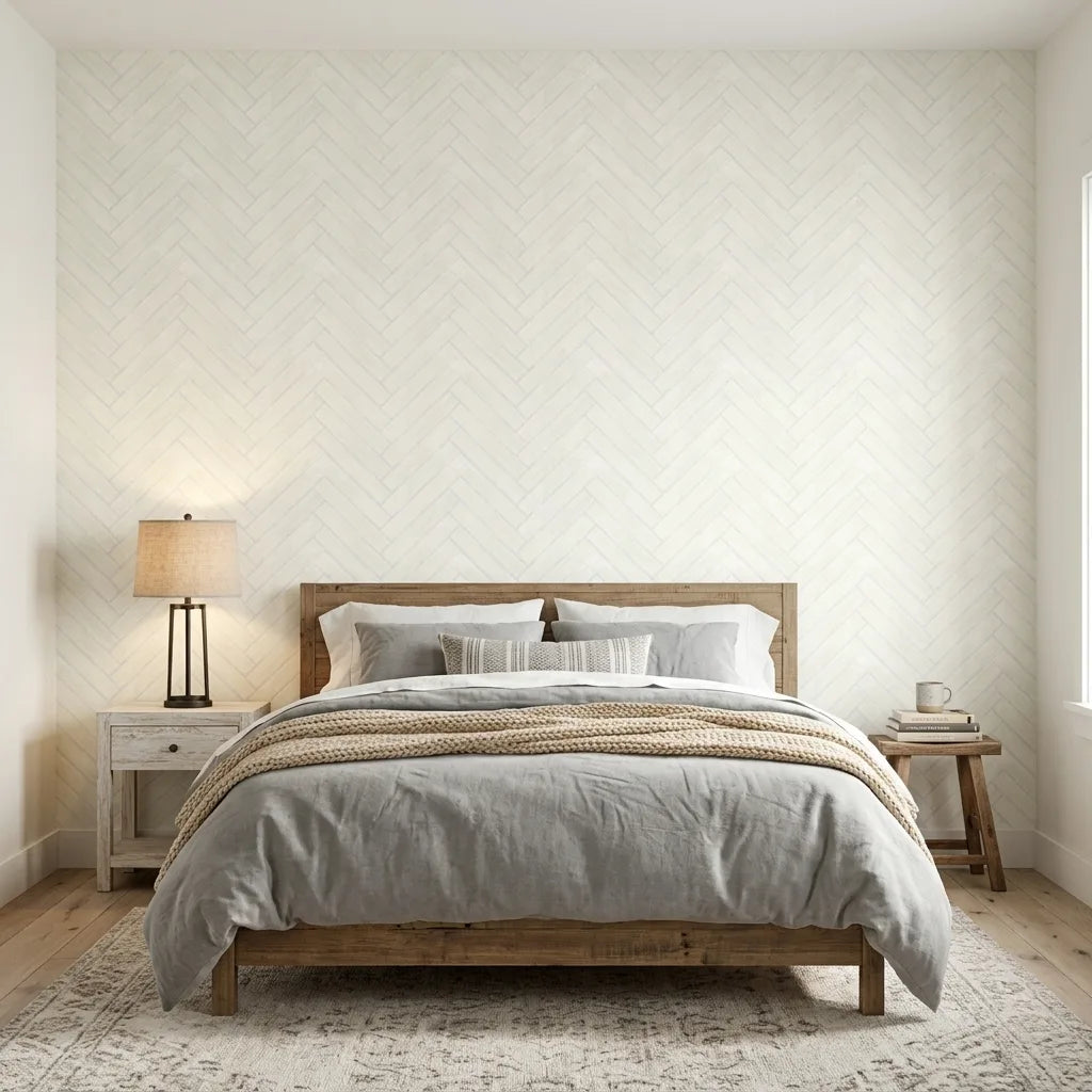 Bedroom - Serene space showcasing Herringbone Wood Veneer wallpaper in Warm Ivory by York Wallcoverings, adding texture and warmth.