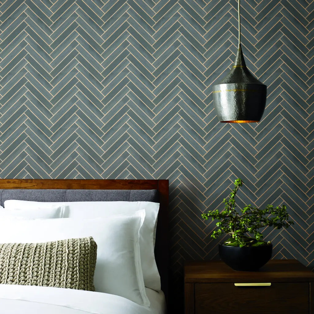 Bedroom featuring York Wallcoverings' Slate Grey and Beige Herringbone Wood Veneer wallpaper.
