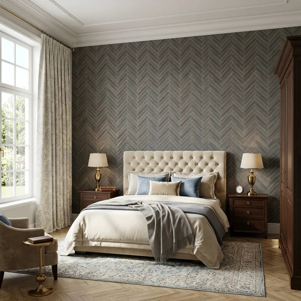 Bedroom - Modern bedroom with Slate Grey & Beige Herringbone Wood Veneer wallpaper by York Wallcoverings, adding texture & style.