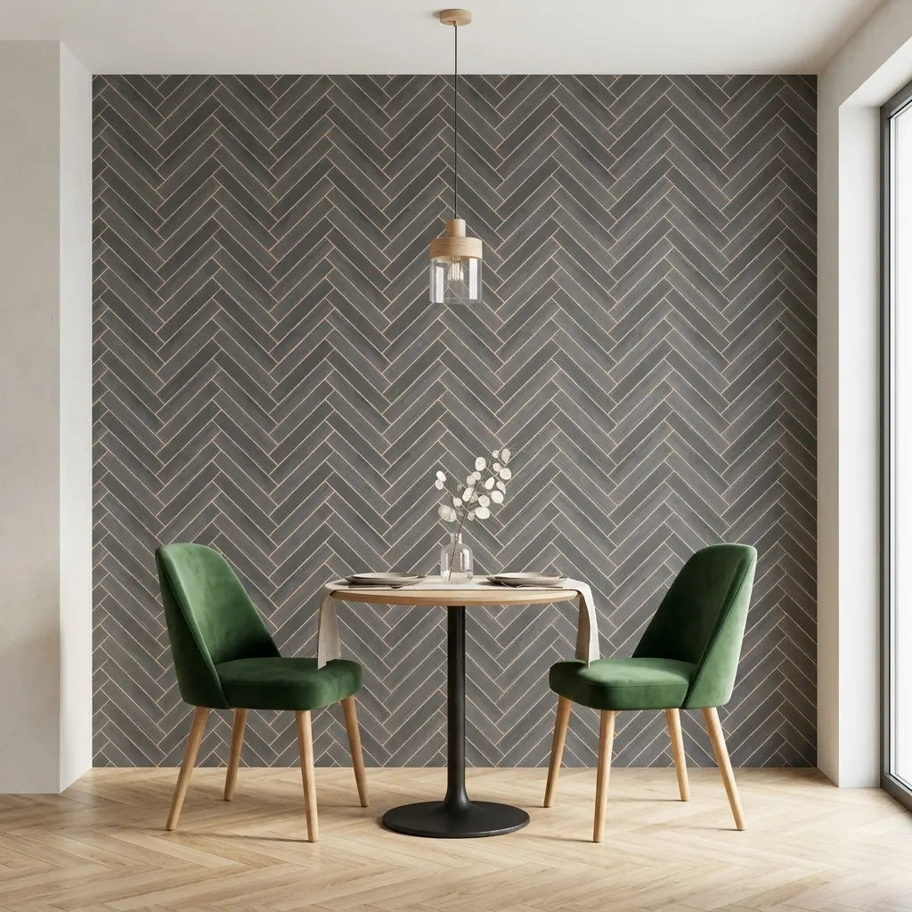 Dining Room - Stylish space with Herringbone Wood Veneer wallpaper in Slate Grey and Beige from York Wallcoverings for an elegant touch.