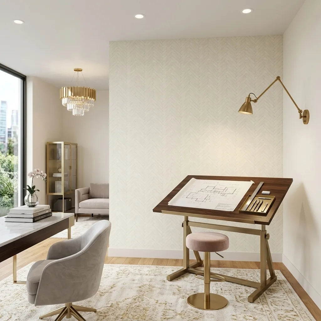 Home Office - Elegant workspace with Herringbone Wood Veneer wallpaper in Warm Ivory by York Wallcoverings.