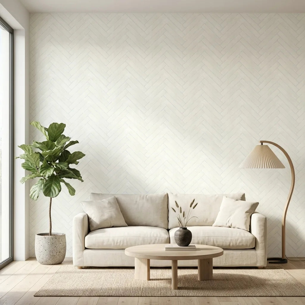 Living Room - Warm Ivory Herringbone Wood Veneer wallpaper by York Wallcoverings adds elegant texture and warmth to this inviting space.