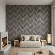 Living Room - Herringbone Wood Veneer wallpaper in Slate Grey and Beige by York Wallcoverings adds modern warmth.