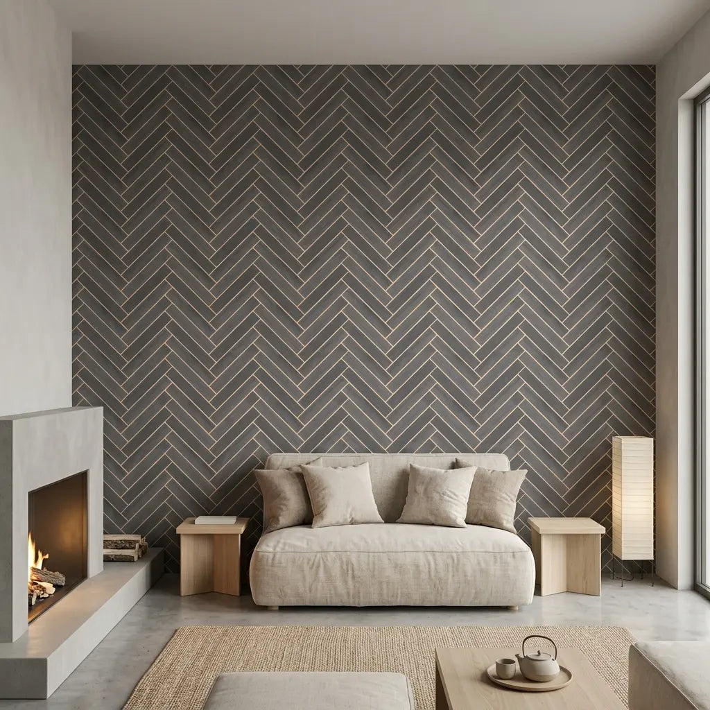 Living Room - Herringbone Wood Veneer wallpaper in Slate Grey and Beige by York Wallcoverings adds modern warmth.
