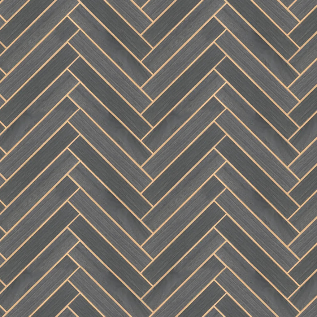 Herringbone Wood Veneer wallpaper pattern swatch in Slate Grey and Beige by York Wallcoverings (SKU YGL7074).