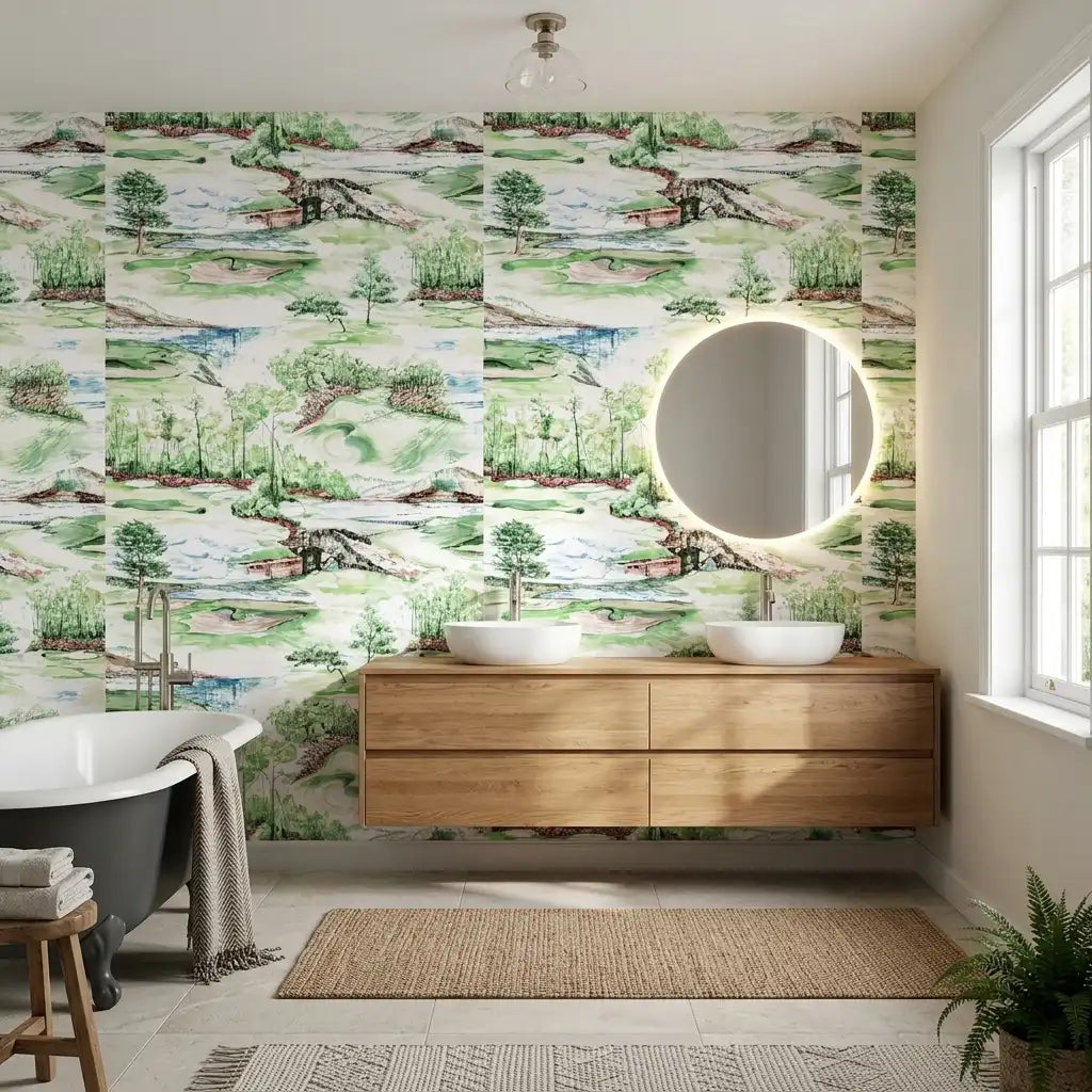Bathroom - Stylish bathroom featuring Hole In One green and white wallpaper by York Wallcoverings.