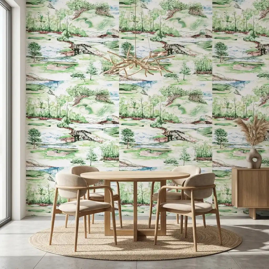 Dining Room - Enjoy golf-inspired elegance with 'Hole In One' green and white wallpaper by York Wallcoverings.