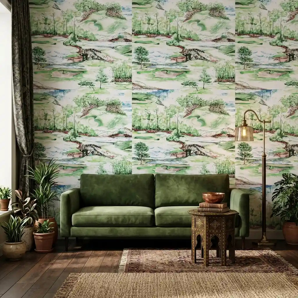 Living Room - Stylish living room with green and white 'Hole In One' wallpaper by York Wallcoverings, adding a fresh, modern touch.