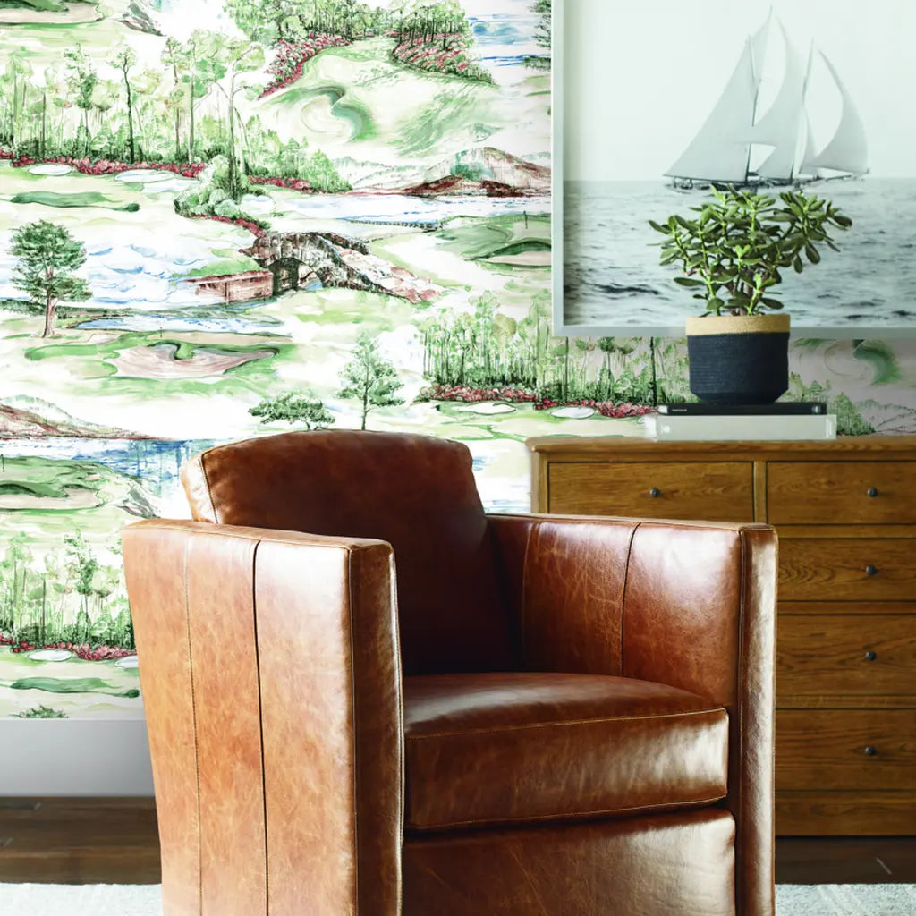 Living room featuring 'Hole In One' green & white wallpaper by York Wallcoverings.