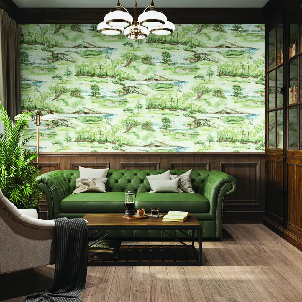 Green and white 'Hole In One' wallpaper by York Wallcoverings elevates this modern living room's style.