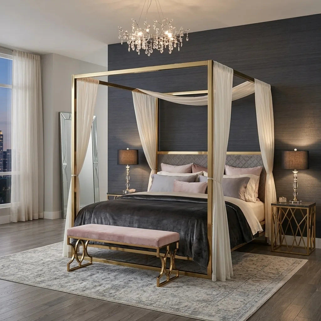 Bedroom - Horizon Abaca natural fiber wallpaper in Slate Blue by York Wallcoverings creates a serene backdrop.