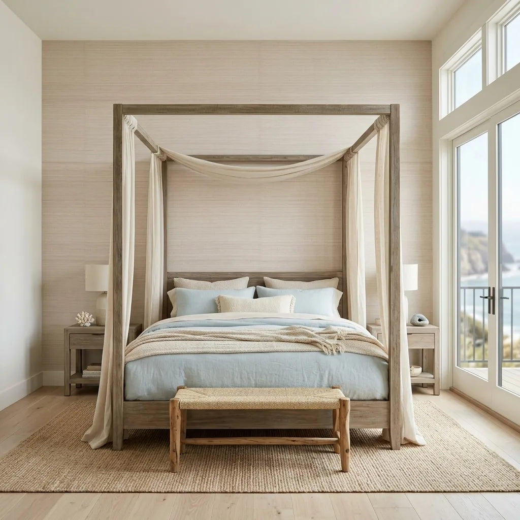 Bedroom - Cozy bedroom featuring the elegant Horizon Abaca wallpaper in Warm Beige from York Wallcoverings, creating a serene space.