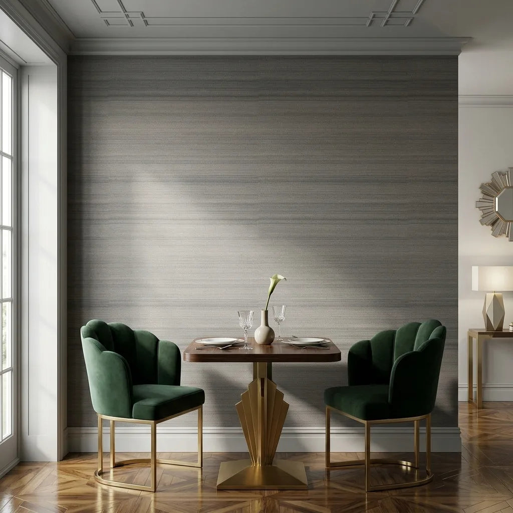 Dining Room - Elegant dining room featuring textured Blue Grey 'Horizon Abaca' wallpaper by York Wallcoverings.
