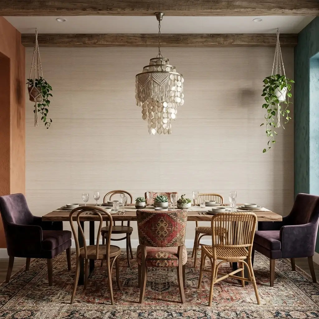 Dining Room - Sophisticated dining room featuring textured Horizon Abaca wallpaper in Warm Beige from York Wallcoverings.