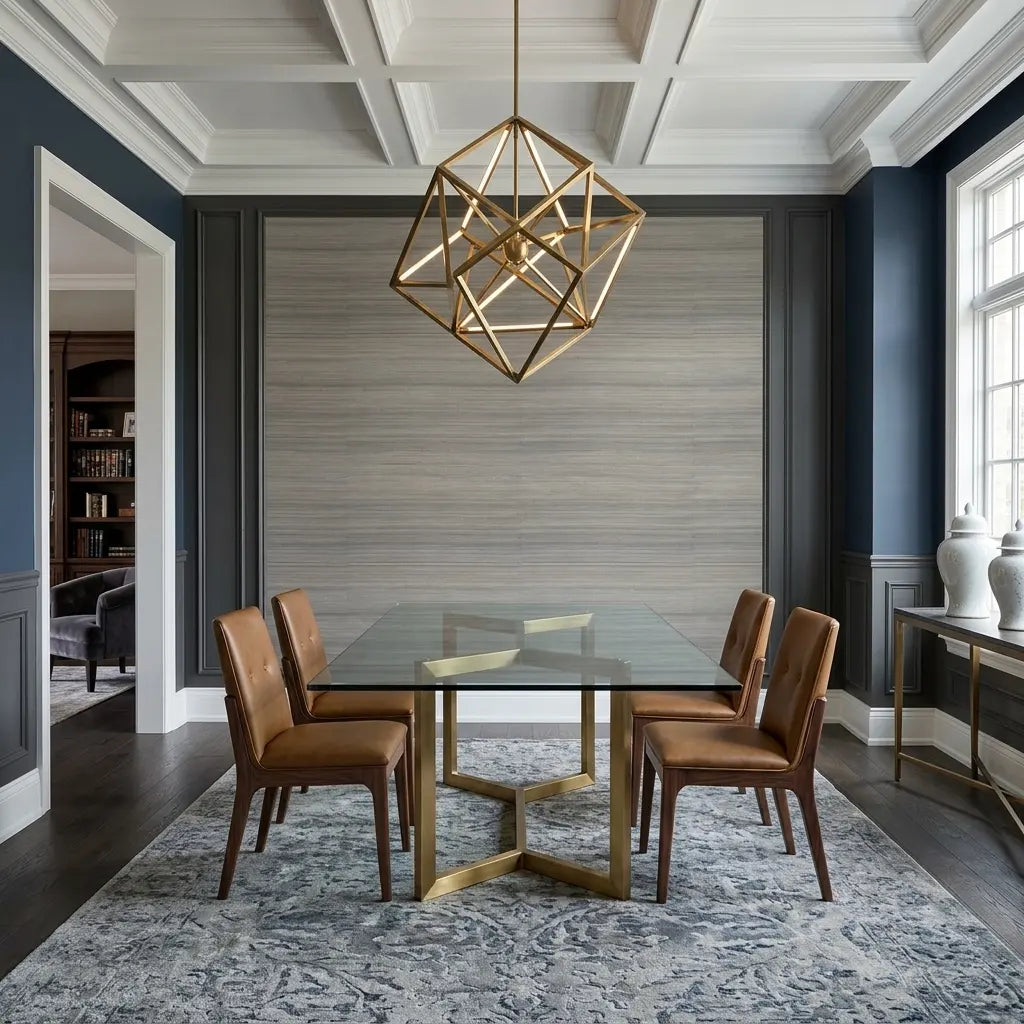 Dining Room - Serene dining space features York Wallcoverings' natural Light Greige Horizon Abaca textured wallpaper.