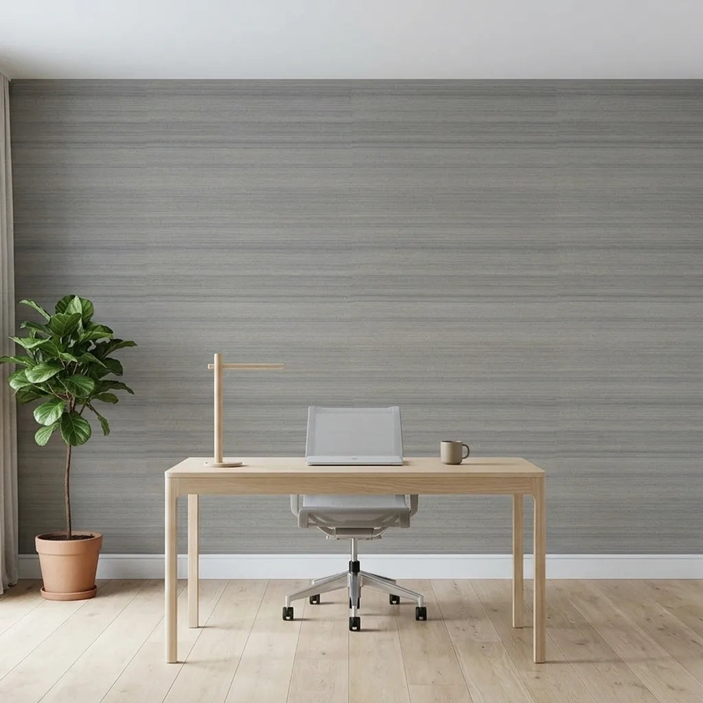 Home Office - Stylish workspace featuring serene Blue Grey "Horizon Abaca" wallpaper by York Wallcoverings.