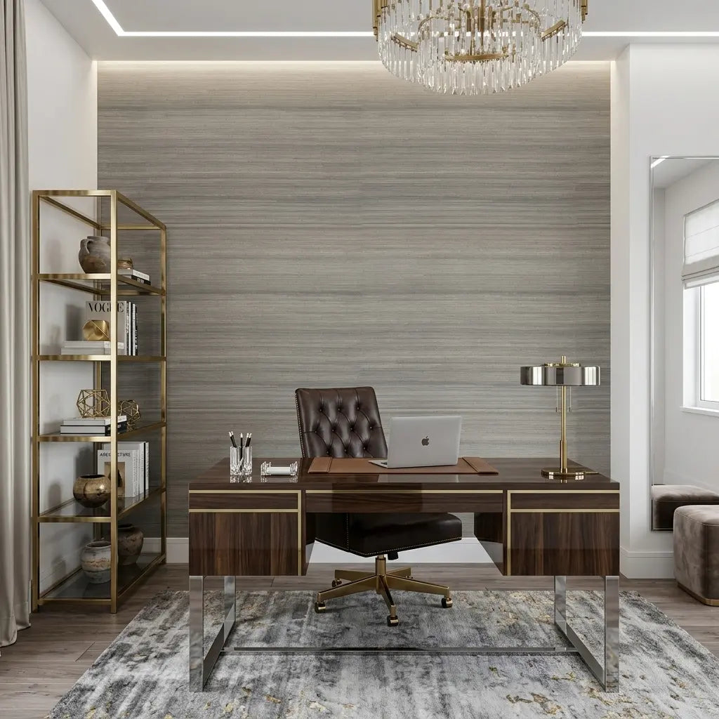 Home Office - Cozy home office with elegant Light Greige 'Horizon Abaca' wallpaper by York Wallcoverings creating a serene workspace.
