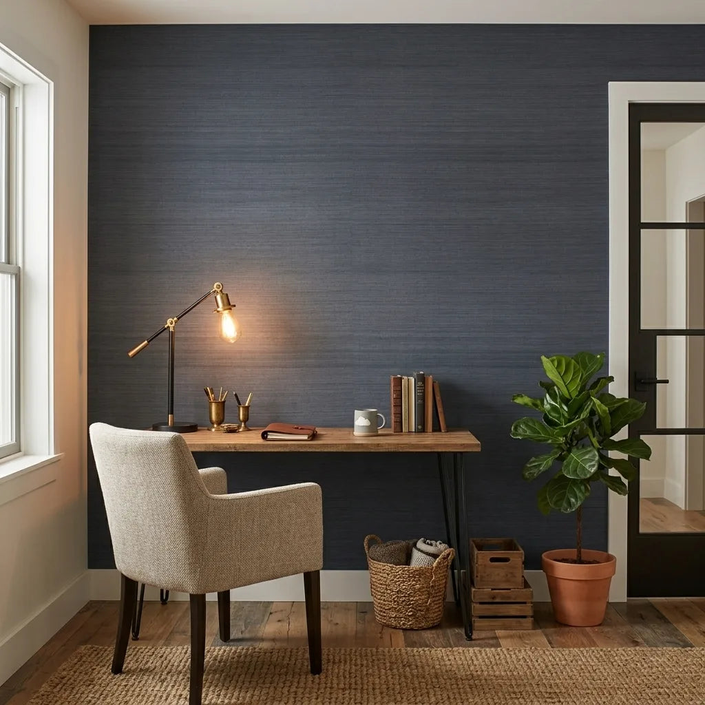 Home Office - Stylish workspace featuring Horizon Abaca wallpaper in Slate Blue by York Wallcoverings, creating a productive atmosphere.