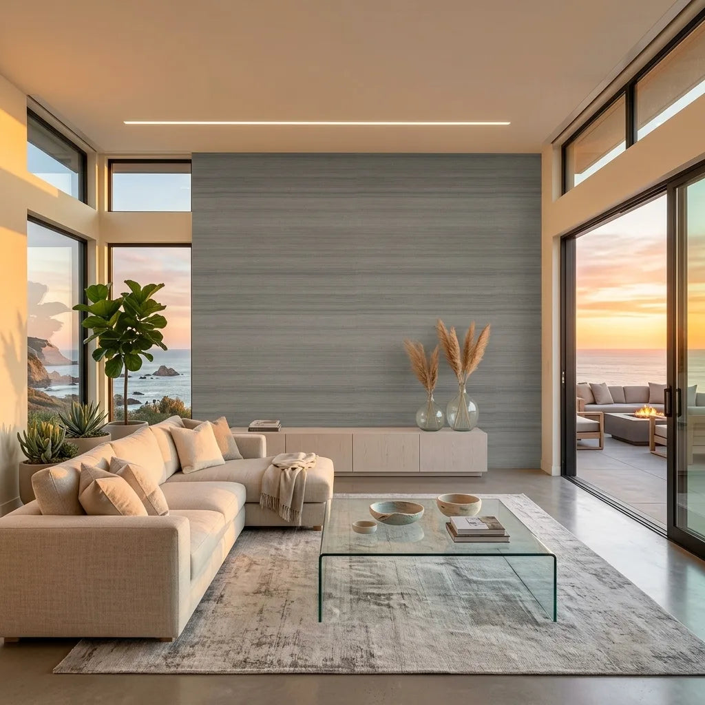 Living Room - Stylish space with Blue Grey Horizon Abaca wallpaper by York Wallcoverings, creating a serene, textured backdrop.