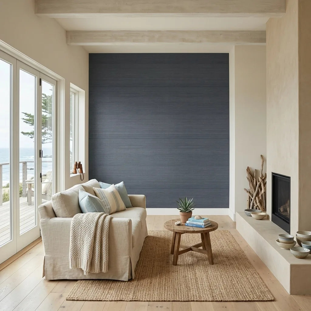 Living Room - Modern living room with Horizon Abaca wallpaper in Slate Blue by York Wallcoverings.