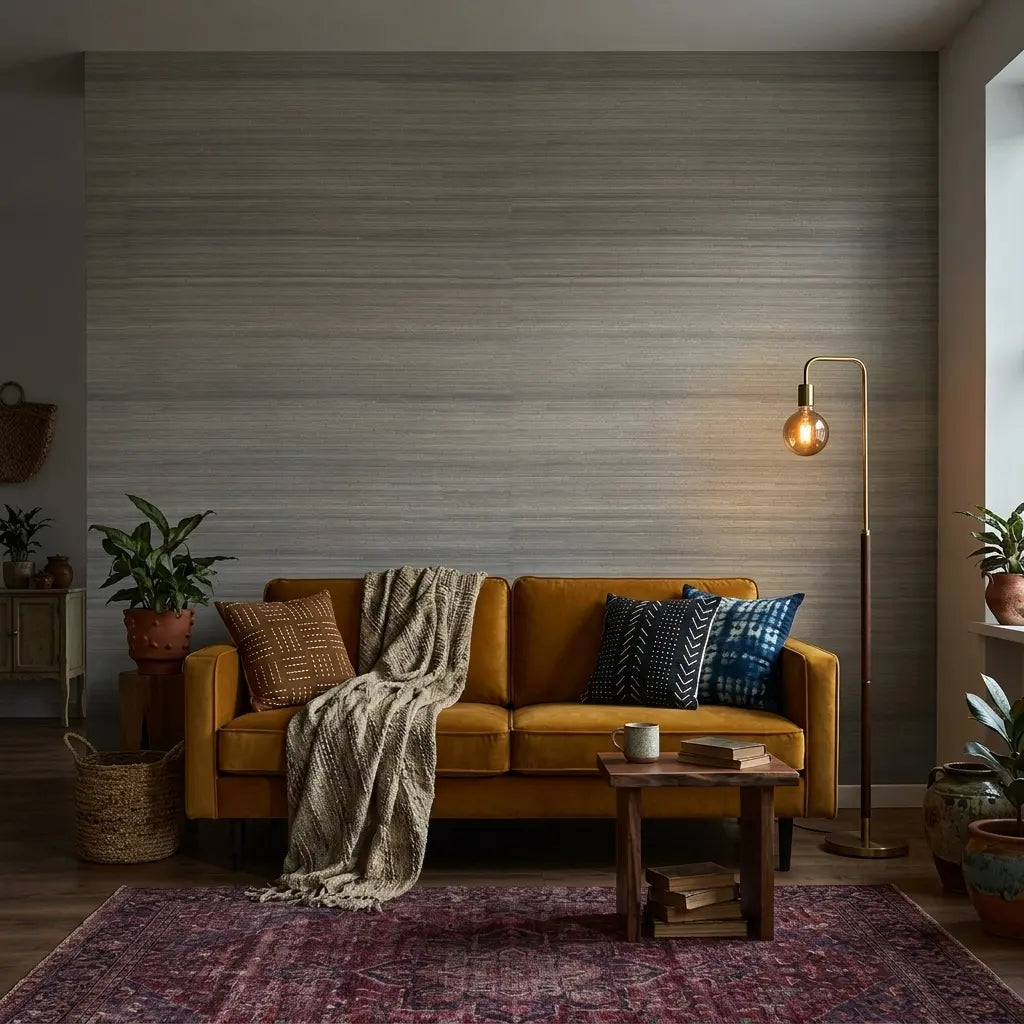 Living Room - Elegant living room featuring Horizon Abaca wallpaper in Light Greige by York Wallcoverings, creating a serene space.