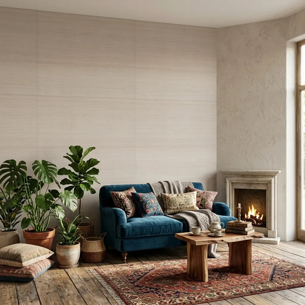 Living Room - Elegant living room with Horizon Abaca wallpaper in Warm Beige by York Wallcoverings, creating a serene and inviting space.