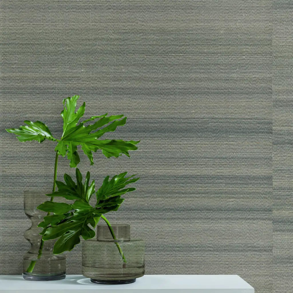 Interior with elegant 'Horizon Abaca' wallpaper in Blue Grey by York Wallcoverings, adding texture and sophistication.