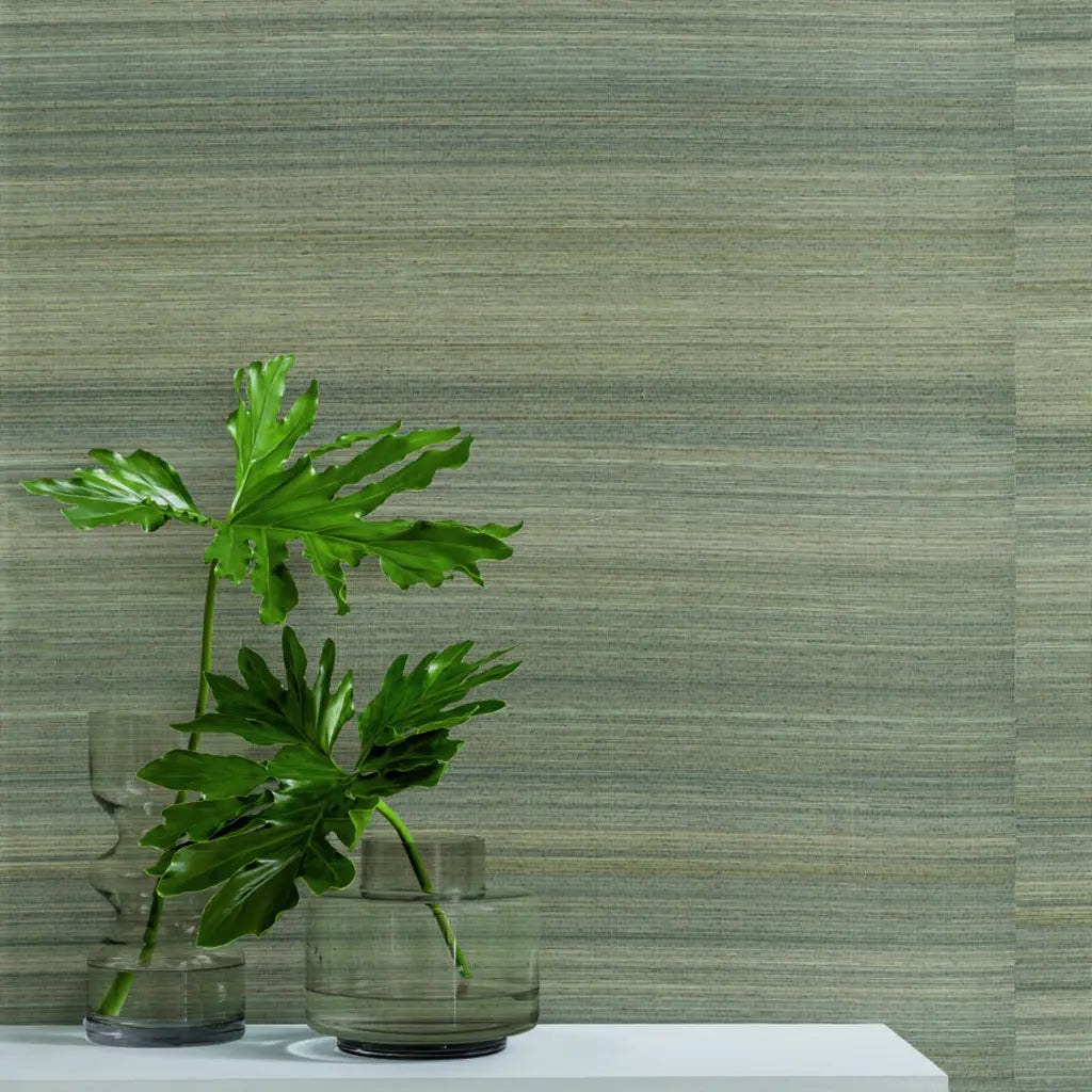 Interior photo showcasing Horizon Abaca wallpaper in Light Greige by York Wallcoverings, adding natural texture to the room.