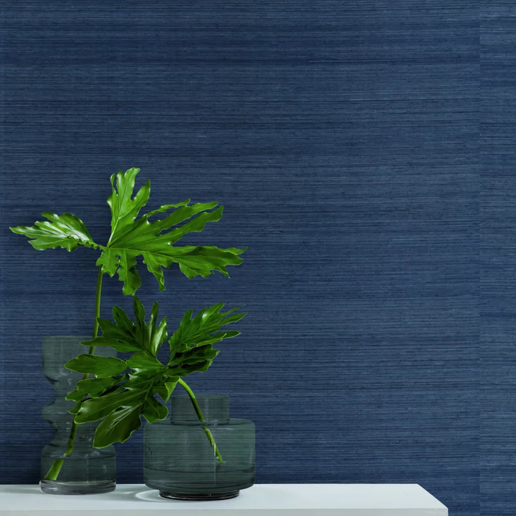 Interior featuring textured Horizon Abaca wallpaper in Slate Blue by York Wallcoverings, enhancing the room's elegant design.