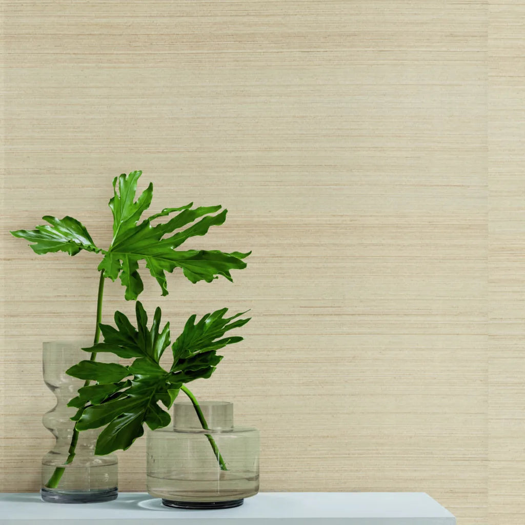 Warm Beige 'Horizon Abaca' wallpaper by York Wallcoverings adds natural texture and warmth to this inviting interior.