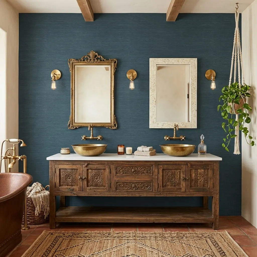 Bathroom - Stylish bathroom featuring York Wallcoverings' Dark Teal "Horizontal Jute" wallpaper, adding a unique texture and color.