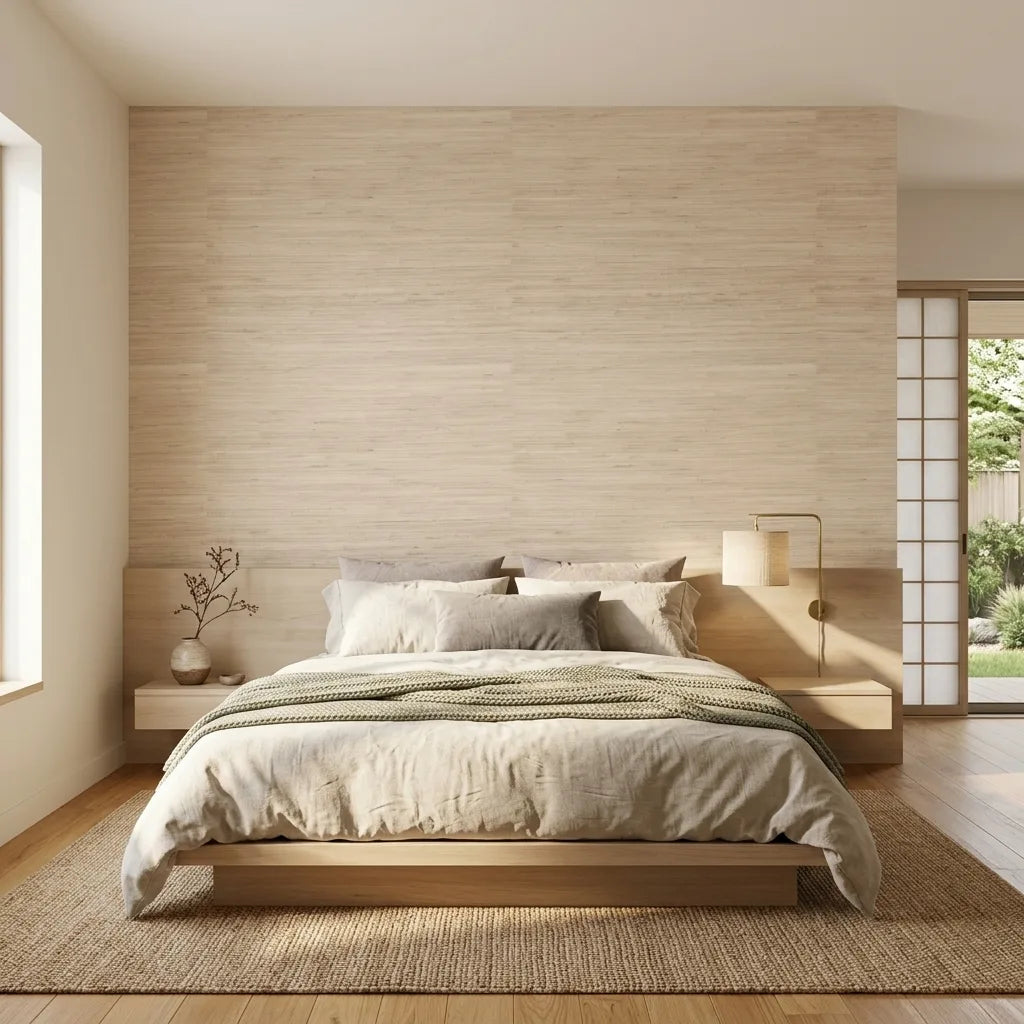 Bedroom - Serene space featuring York Wallcoverings' Light Tan Horizontal Jute wallpaper for a natural, textured wall design.