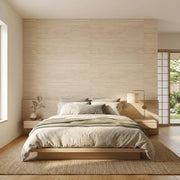 Bedroom - Serene space featuring York Wallcoverings' Light Tan Horizontal Jute wallpaper for a natural, textured wall design.