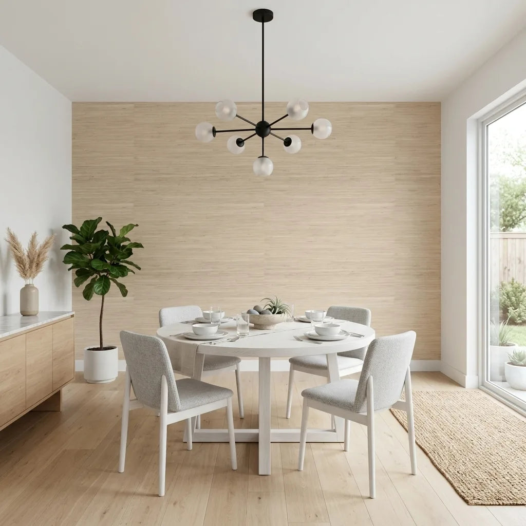 Dining Room - This elegant space features Light Tan Horizontal Jute wallpaper by York Wallcoverings, adding natural texture.