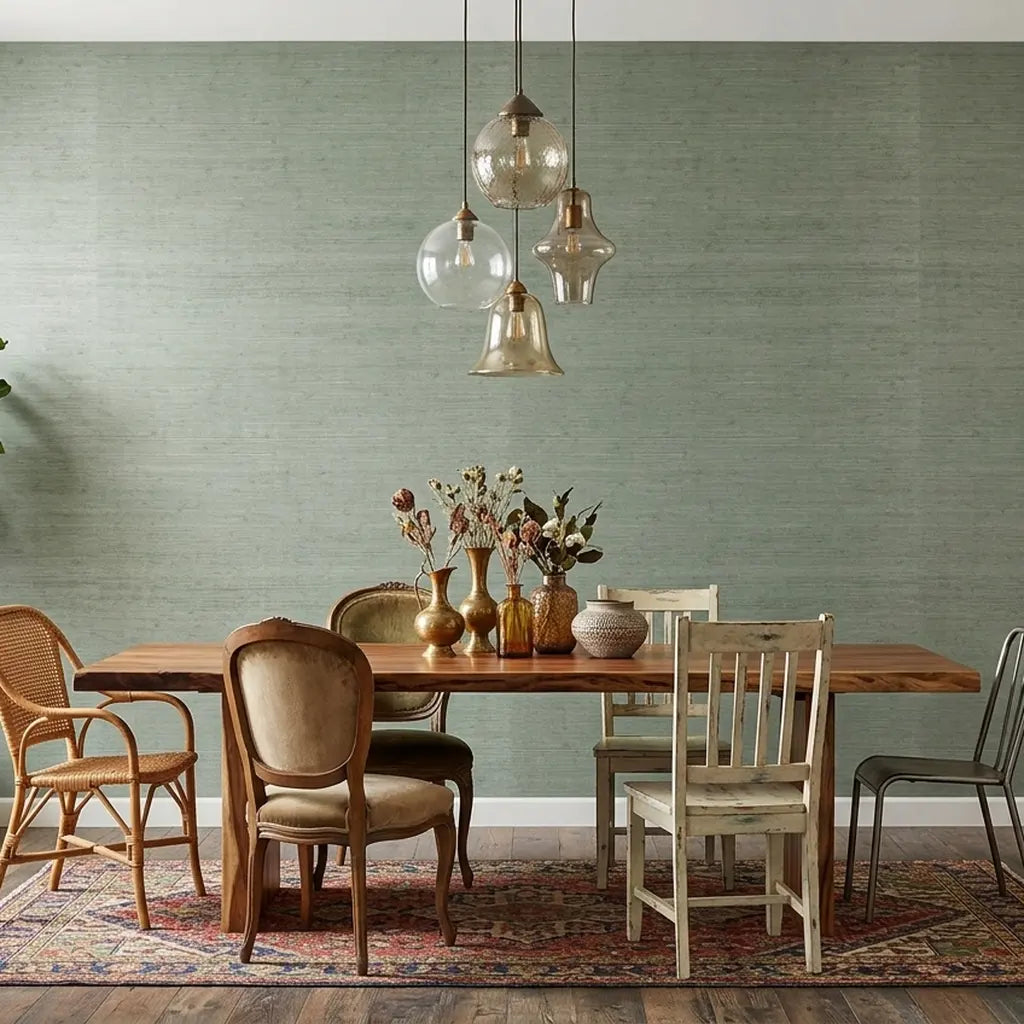 Dining Room - Elegant dining space showcasing Sage Green Horizontal Jute wallpaper by York Wallcoverings, adding natural texture.