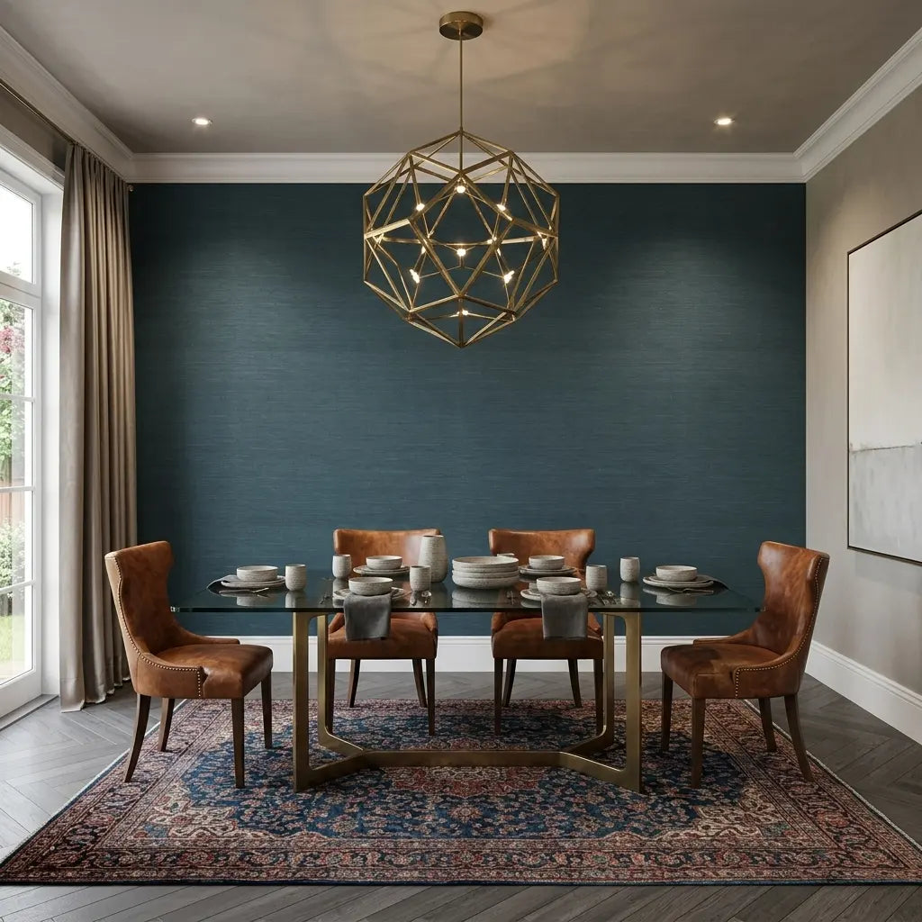 Dining Room - Luxurious dining room showcasing Dark Teal Horizontal Jute wallpaper by York Wallcoverings for a sophisticated, natural texture.