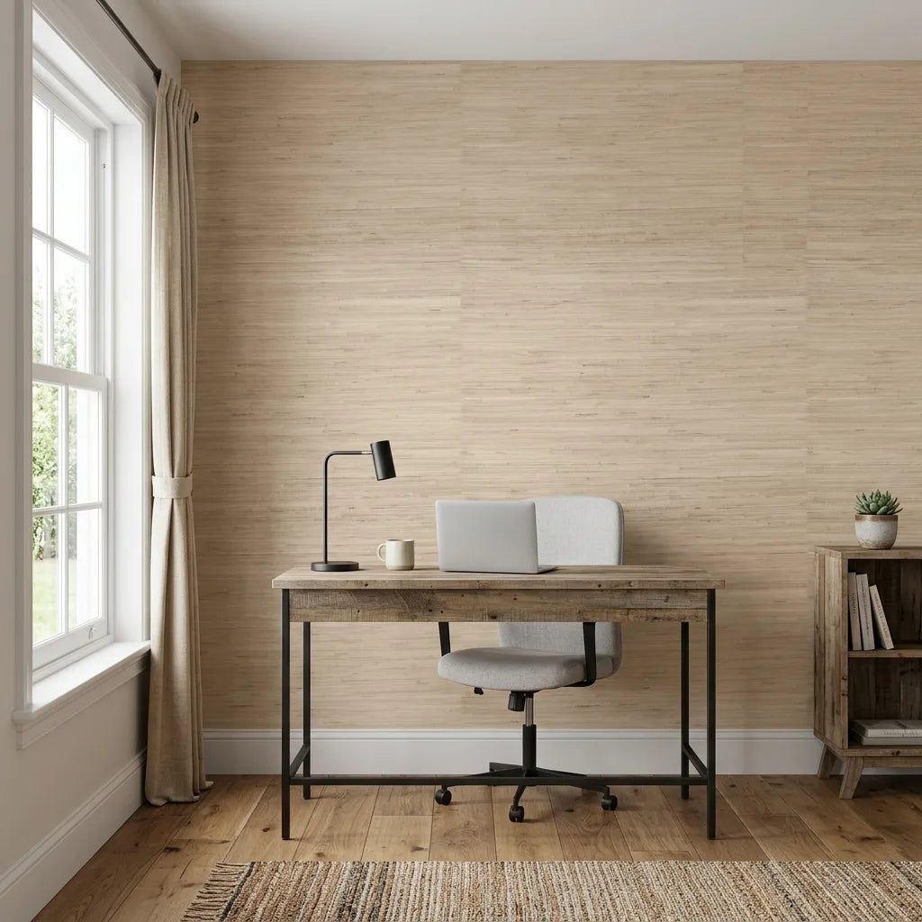 Home Office - Serene workspace featuring light tan Horizontal Jute wallpaper by York Wallcoverings, creating a calm, natural aesthetic.