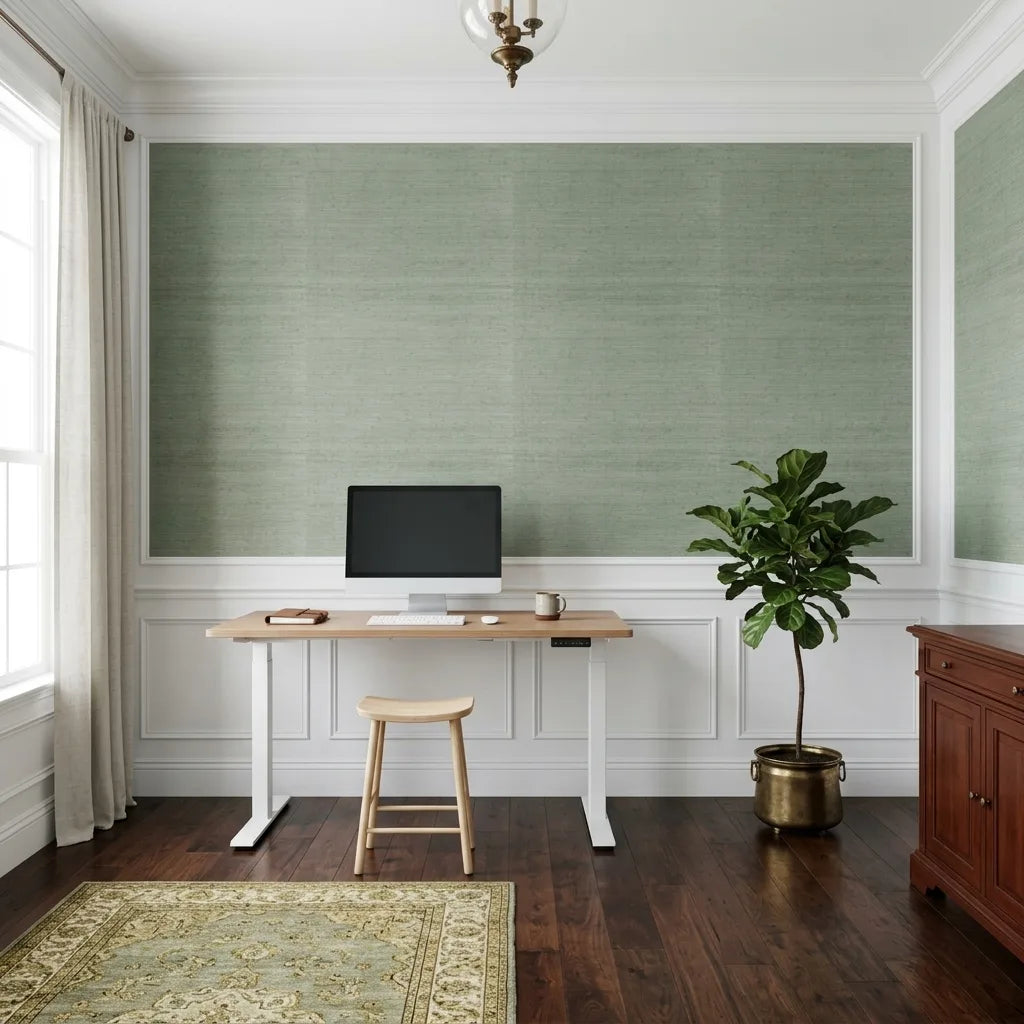 Home Office - Sage green York Wallcoverings 'Horizontal Jute' wallpaper creates a serene and stylish workspace.