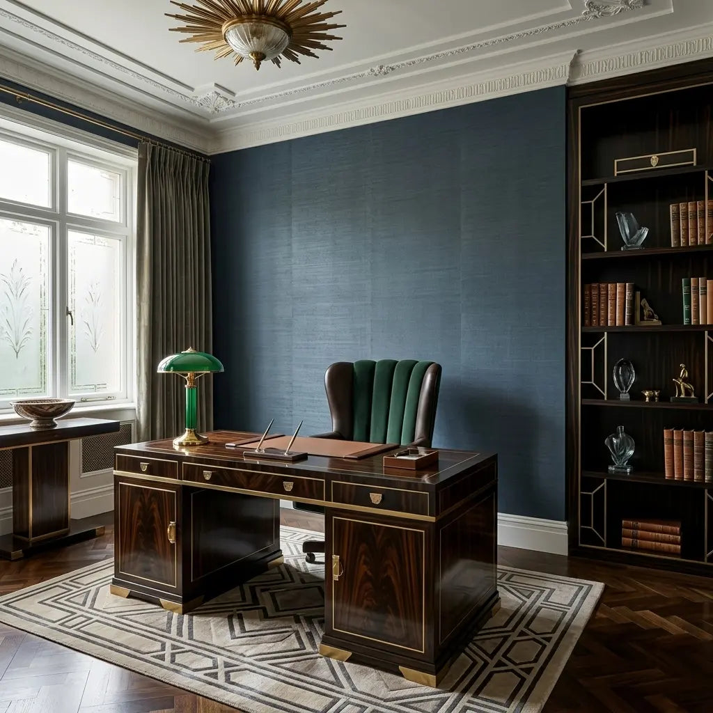 Home Office - Modern workspace with Horizontal Jute wallpaper in Dark Teal by York Wallcoverings.