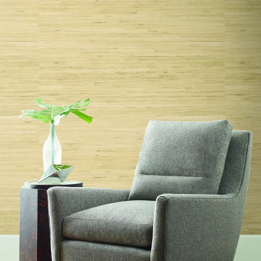 Light Tan Horizontal Jute wallpaper by York Wallcoverings adds natural texture to a cozy living room design.