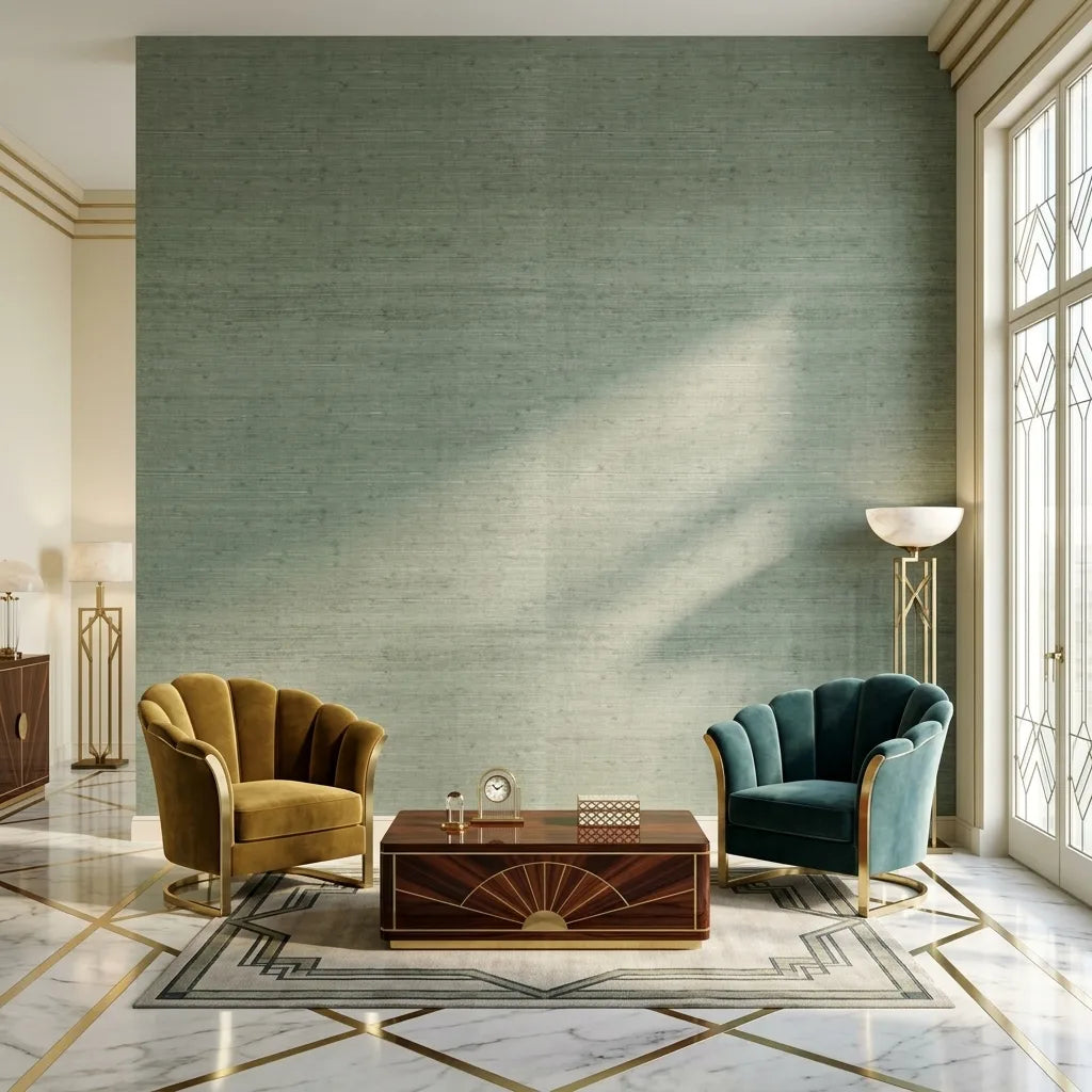 Living Room - Serene living room featuring Horizontal Jute wallpaper in Sage Green by York Wallcoverings, adding natural texture and style.
