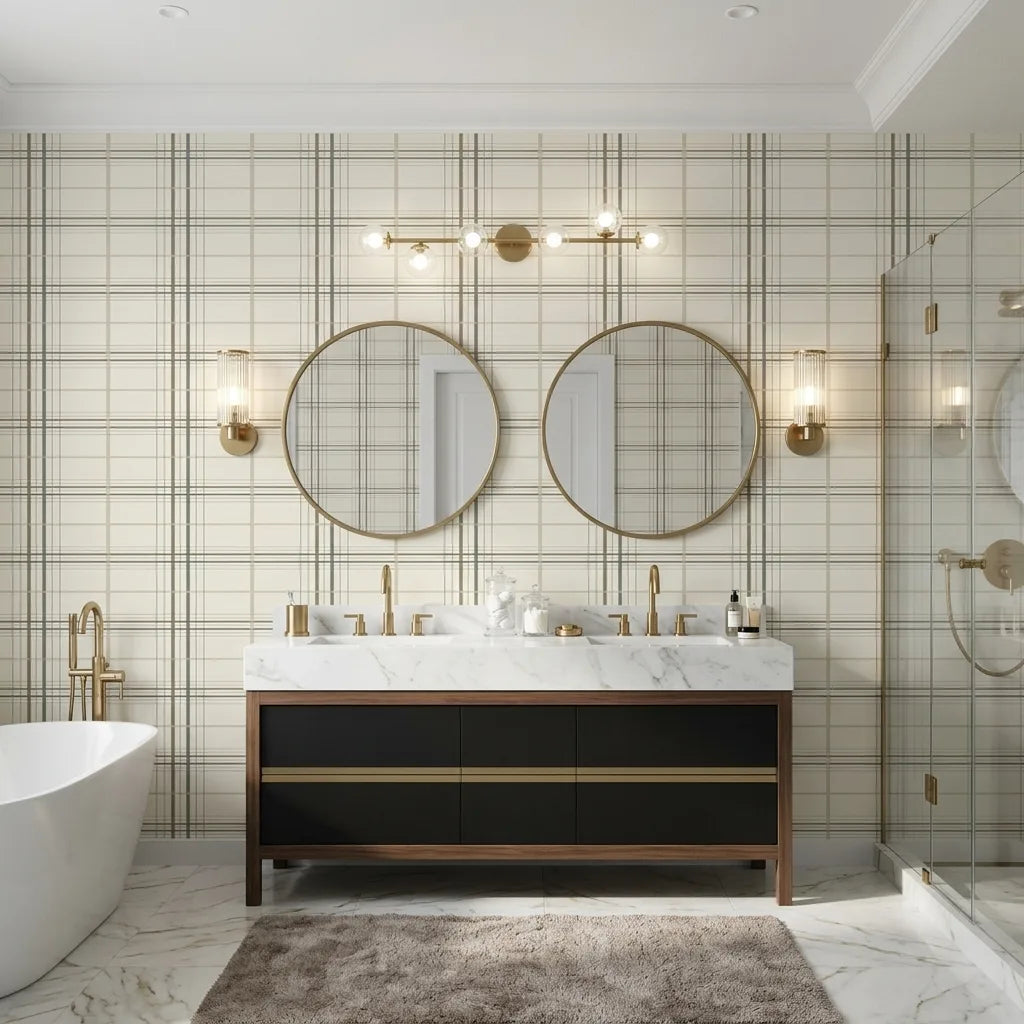 Bathroom - Lakeside Plaid wallpaper by York Wallcoverings in Warm Ivory Neutrals creates a cozy, serene look.