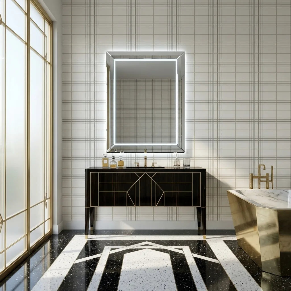 Bathroom - Lakeside Plaid wallpaper by York Wallcoverings in white, grey, and beige creates a serene, stylish space.