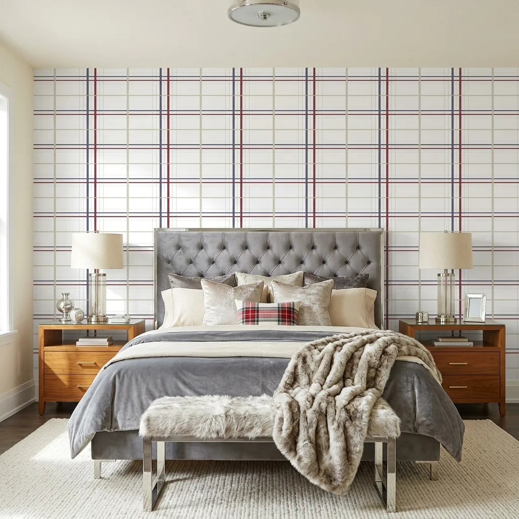 Bedroom - Lakeside Plaid wallpaper in Burgundy, Navy, Beige by York Wallcoverings creates a cozy, stylish retreat.