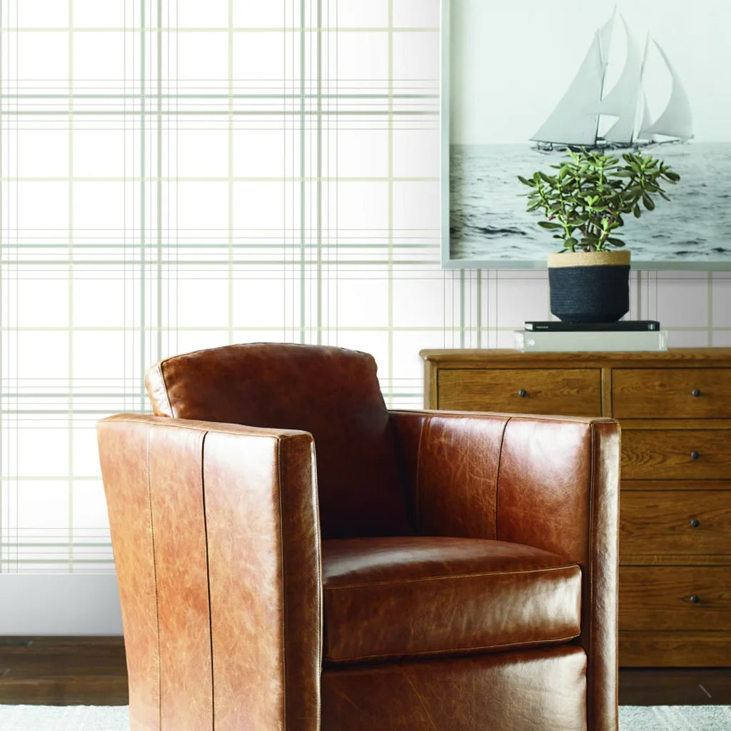 Bedroom featuring York Wallcoverings 'Lakeside Plaid' wallpaper in White, Grey, Beige.
