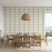 Dining Room - Lakeside Plaid wallpaper by York Wallcoverings in Warm Ivory Neutrals creates a cozy, inviting space for family meals.