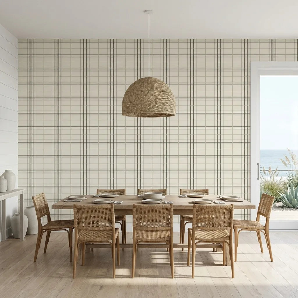 Dining Room - Lakeside Plaid wallpaper by York Wallcoverings in Warm Ivory Neutrals creates a cozy, inviting space for family meals.