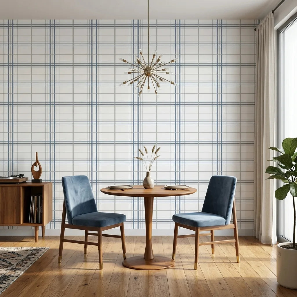 Dining Room - Lakeside Plaid wallpaper in Blue and Grey by York Wallcoverings creates a stylish and inviting space.
