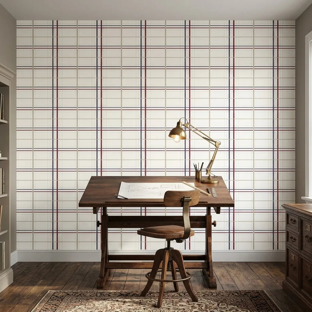 Home Office - Lakeside Plaid wallpaper in Burgundy, Navy, Beige by York Wallcoverings creates a cozy, classic workspace.